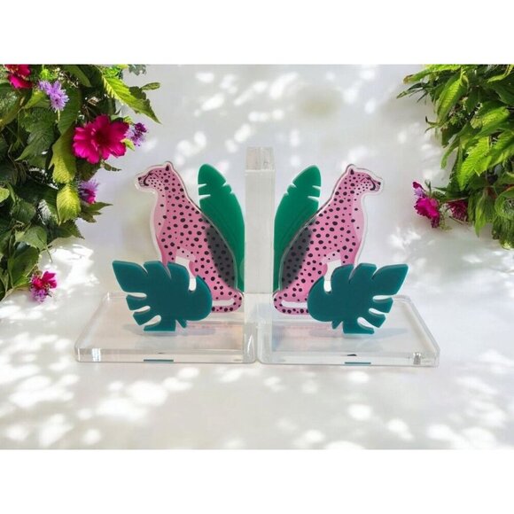 New Pink Green Acrylic Bed Room / Office Jungle Safari Cheetah Bookend Set - Picture 1 of 3